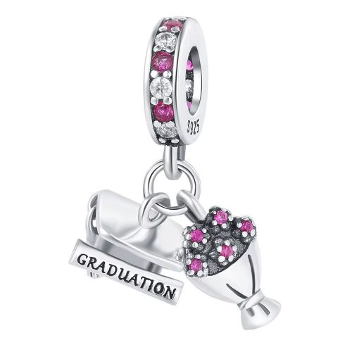 Charm pandantiv din argint în formă de inimă cu inscripția „GRADUATION” și bonetă de absolvire