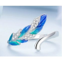 Inel fără mărime cu pene albastre din argint