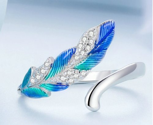 Inel fără mărime cu pene albastre din argint