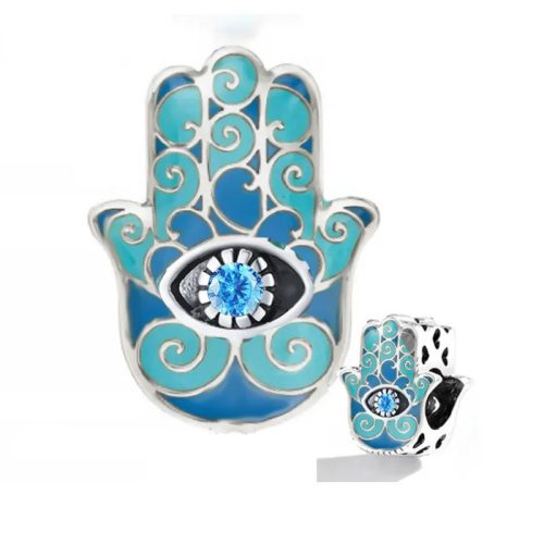 Talisman mână Hamsa protectoare albastră din argint