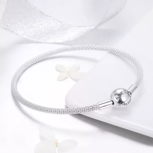 Brățară tip plasă din argint cu inscripția "Family forever", 21 cm