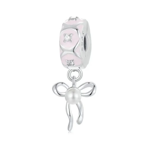 Talisman spacer roz cu fundă suspendată și perlă din argint