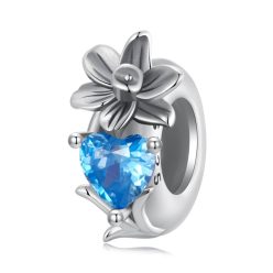   Charm din argint, Inima de Nu-mă-uita cu piatră bleu de martie