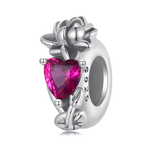 Charm din argint, Inima de Lotus cu piatră roșu magenta de iulie
