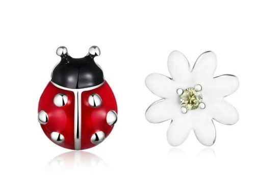 Cercei asimetrici buburuză și margaretă din argint