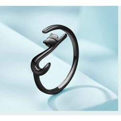 Inel fără mărime cu pisică negru din argint