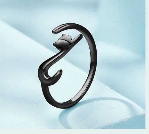 Inel fără mărime cu pisică negru din argint