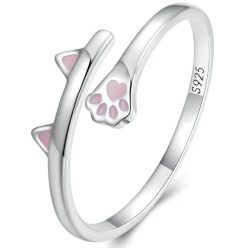 Inel fără mărime cu pisică roz și lăbuțe din argint