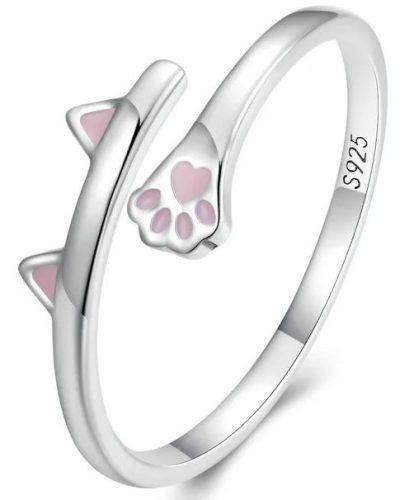 Inel fără mărime cu pisică roz și lăbuțe din argint